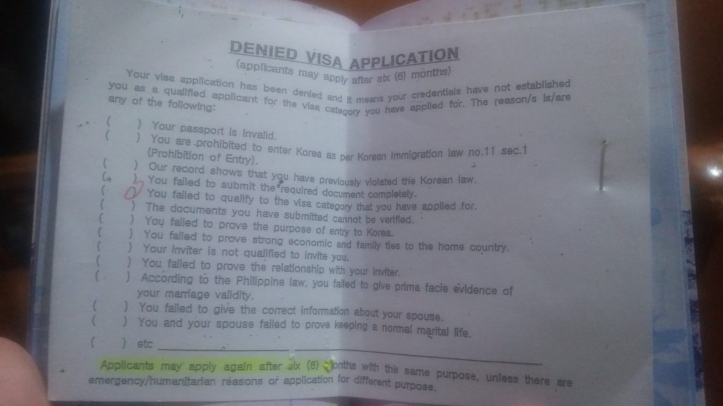 Denied Korea Visa Application Note